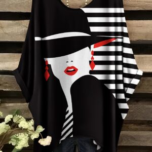 Plus Size, Women's Plus Size Short-Sleeve T-Shirt with Full-Body Striped & Plus Size Female Portrait Print - Round Neck Casual Blouse for All- Daily Wear, Work, Vacation - Machine Washable Tunic Top (No Accessories)