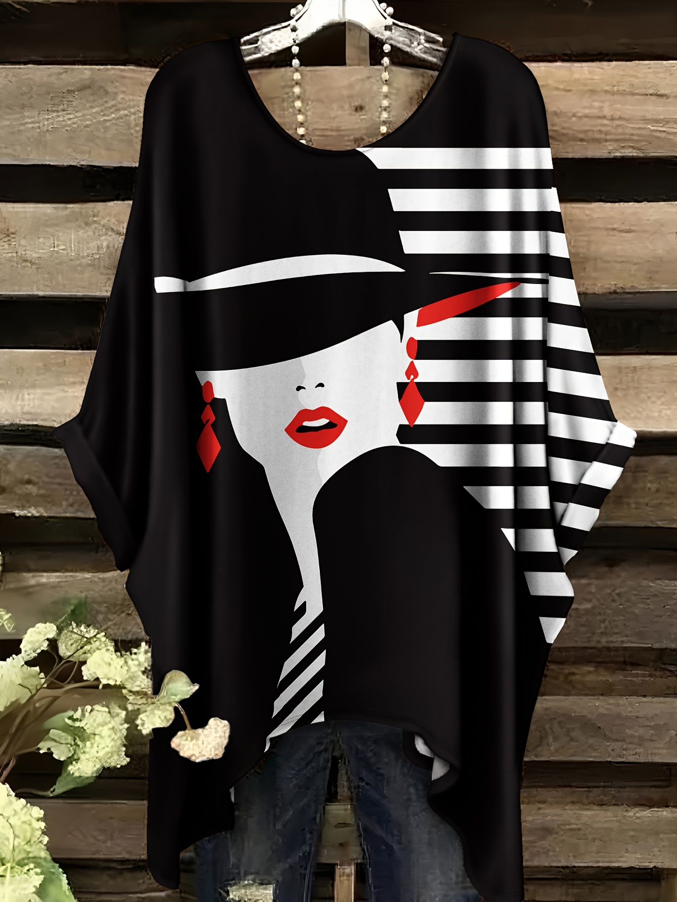 Plus Size, Women's Plus Size Short-Sleeve T-Shirt with Full-Body Striped & Plus Size Female Portrait Print - Round Neck Casual Blouse for All- Daily Wear, Work, Vacation - Machine Washable Tunic Top (No Accessories)