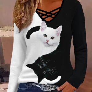 Elegant Women'S V-Neck Cross Strap Printed Long Sleeve T-Shirt Featuring Trendy 3D Black And White Cat Designs.