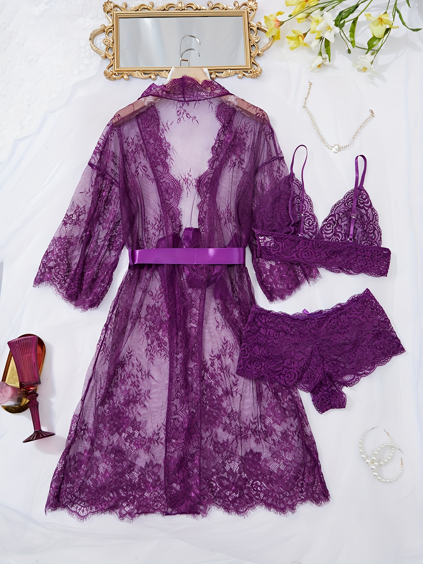 A Lingerie Robe Set Featuring Eyelash Lace Wave Decorations, Ribbons, a Perfectly Paired Two-Piece Outfit, And a Beautifully Designed Kimono Bathrobe. - Image 6