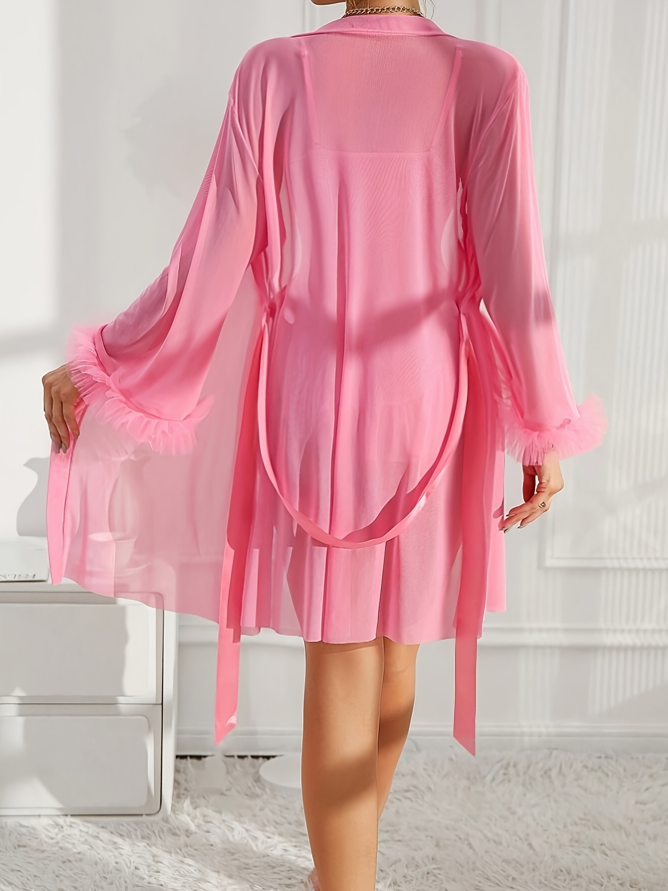 Women'S Elegant French Style Sleepwear Set - Sexy V-Neck Long Sleeve Robe with Lace Trim & Semi-Sheer Mesh, Adjustable Waist Tie Belt, All-Season Nightgown, Short Length Elegant Robe for Home Lounge & Special Occasions, Comfortable & Versatile Women - Image 9
