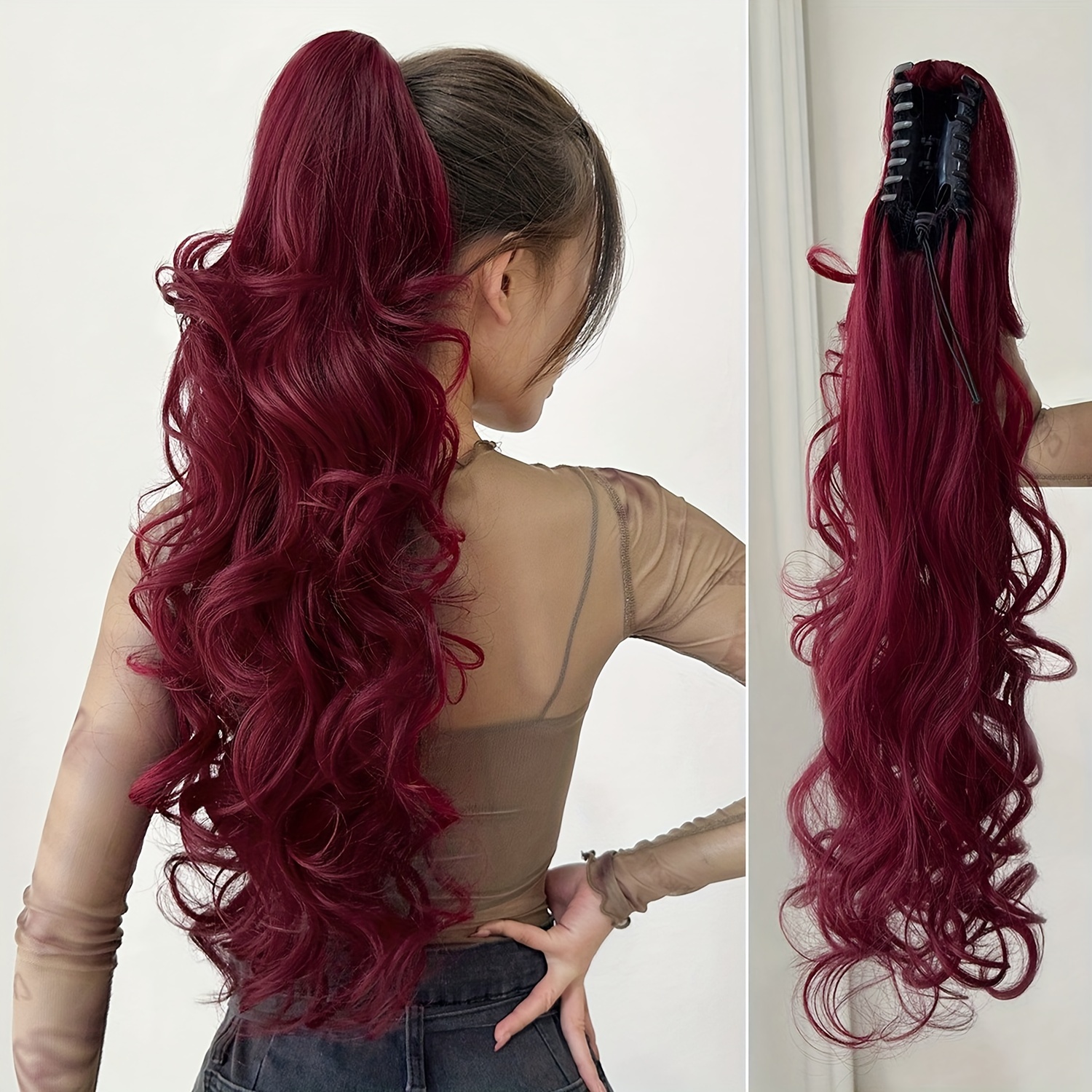 Women's Clip-In Ponytail Hair Extensions, Voluminous Wavy Curly Synthetic Hairpiece with Clip-On Attachment, Long Ponytail for Volume & Length, Soft Waves for Short Hair, Dark Brown/Black, for Parties, Weddings & Daily Use - Image 8