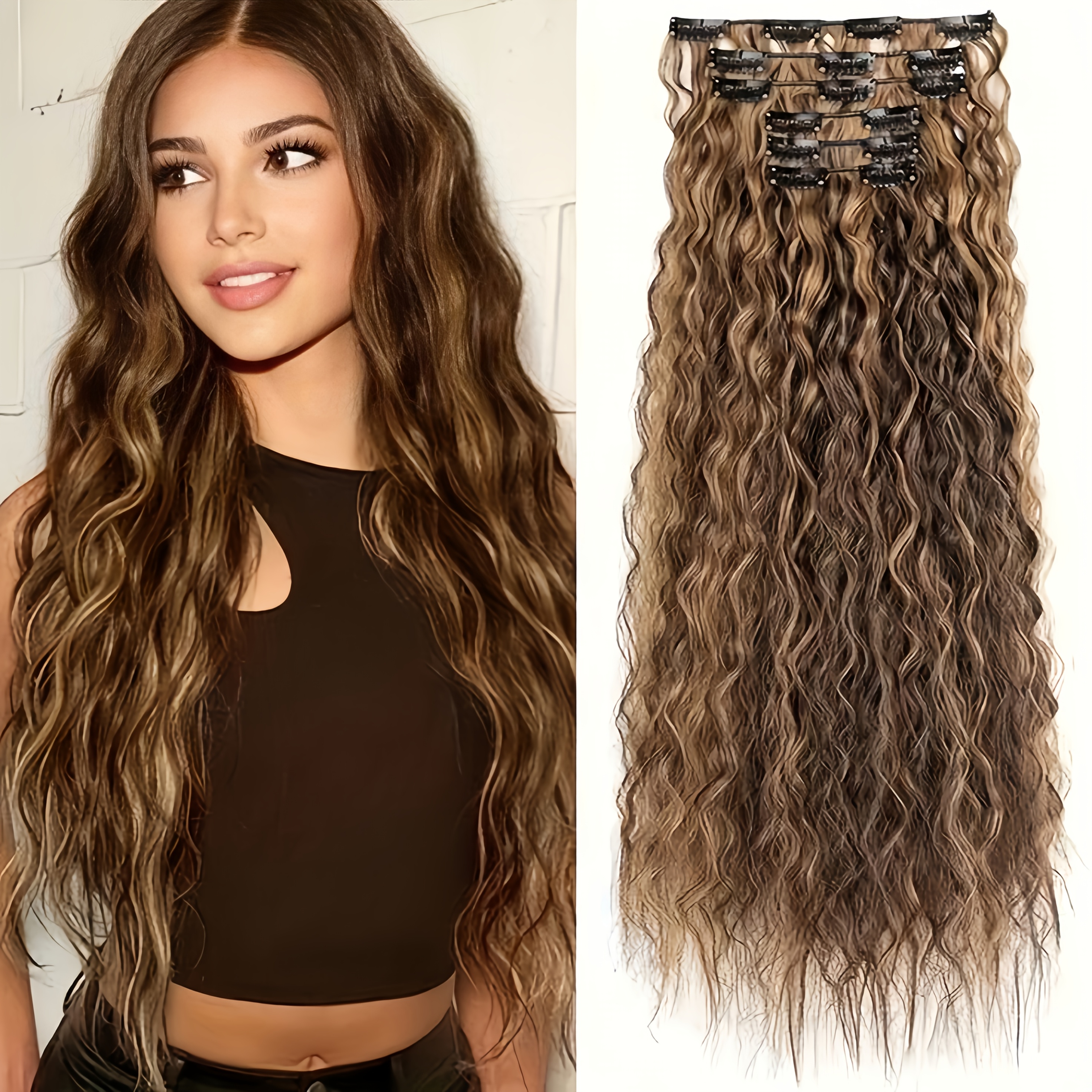6pcs NAYOO Long Curly Wavy Clip-In Hair Extensions for Women - High-Temperature Synthetic Cool Brown with Blonde Highlights, Secure Clip attachment, Natural Look for Daily Use & Special Occasions, Adds Volume & Dimension, Easy to Style with Curling Irons/Flat Irons, Versatile Hairpiece, Wavy Texture, Seamless Blend, Fashion Enthusiasts - Image 7