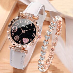 2pcs Women' Rhinestone Accent & Heart Bracelet - Sparkling PU Leather Strap Quartz Wristwatch Suitable for Parties Weddings Daily Wear - Elegant Wrist Accessory Gift for Women