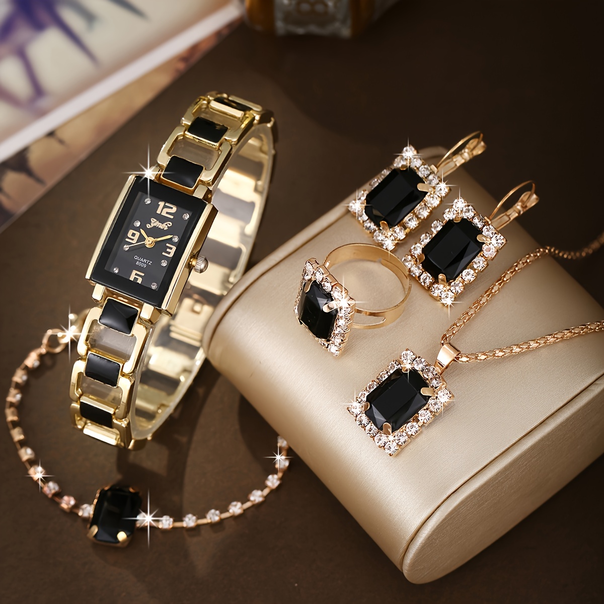 Black 6pcs Glamorous Square Rhinestone Quartz Watch Set - Zinc Alloy Strap, Pointer, And Case - Elegant Rhinestone Bracelet, Necklace, Earrings, And Ring Jewelry for Suitable for Teens