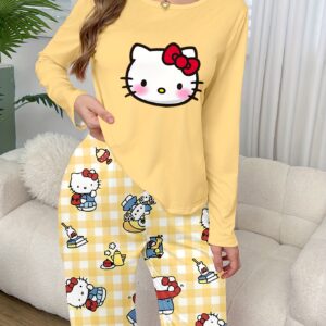 [Hello Kitty, Pajama Set] Sanrio Hello Kitty Print Pajama Set - Lightweight & Cozy, Long Sleeve Crew Neck, Plaid Pants for Fall/Winter, Cute Pajamas