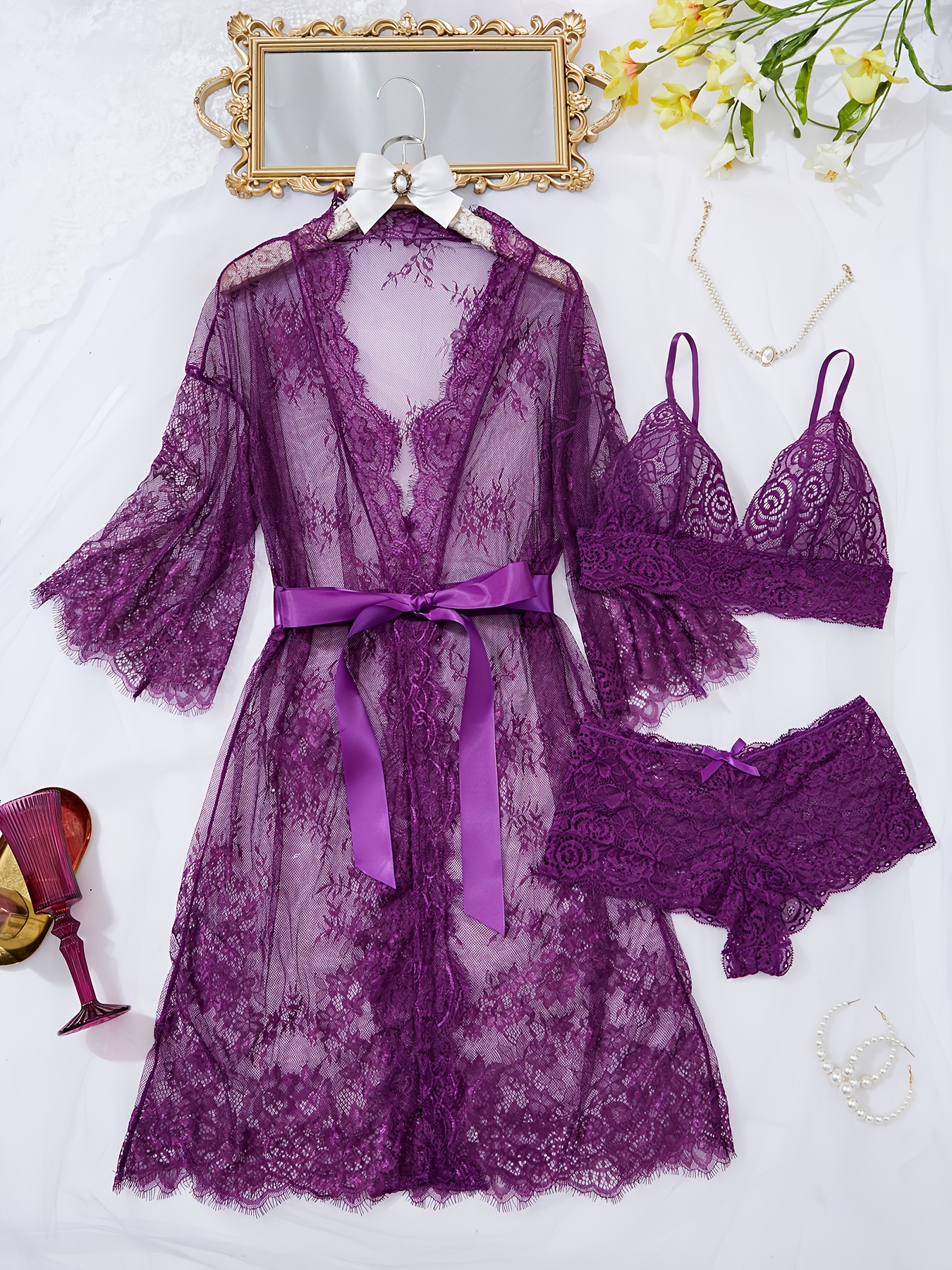 A Lingerie Robe Set Featuring Eyelash Lace Wave Decorations, Ribbons, a Perfectly Paired Two-Piece Outfit, And a Beautifully Designed Kimono Bathrobe. - Image 2