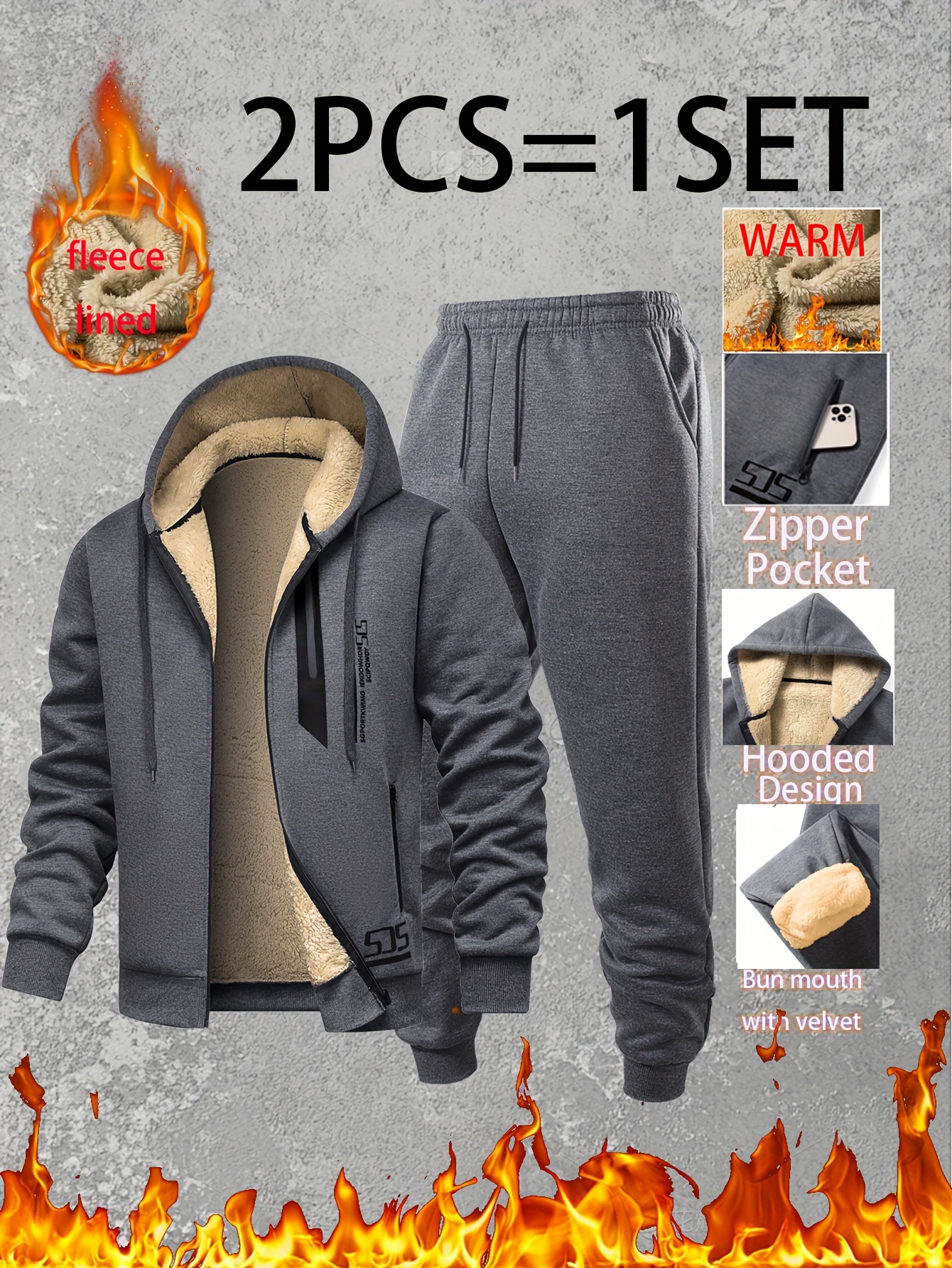 2-Piece Men's Hooded Tracksuit with Drawstring Joggers, Soft Plush Warm Sportswear, Winter Warm Set, Zip-Up Hooded Jacket and Cuffed Joggers, Light Beige-Friendly Soft Fabric, for Home Leisure, Sports, Shopping, Full-Zip Hoodie and Matching Joggers - Image 4