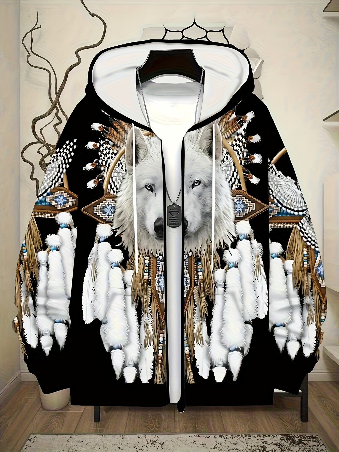 Plus Size Printed Hoodie with Zipper - Stylish Wolf King Graphic, Elastic Fabric Machine Washable for Fitness Running Spring Autumn Outdoor Casual Streetwear Niche Sportswear Eye-Catching Pattern Easy Care Long Sleeve Top, PLUS SIZE - Image 5