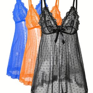 3-Count Women's Polka Dot Print Sheer Lace Babydoll Nightdress Set with Delicate Lace Detailing
