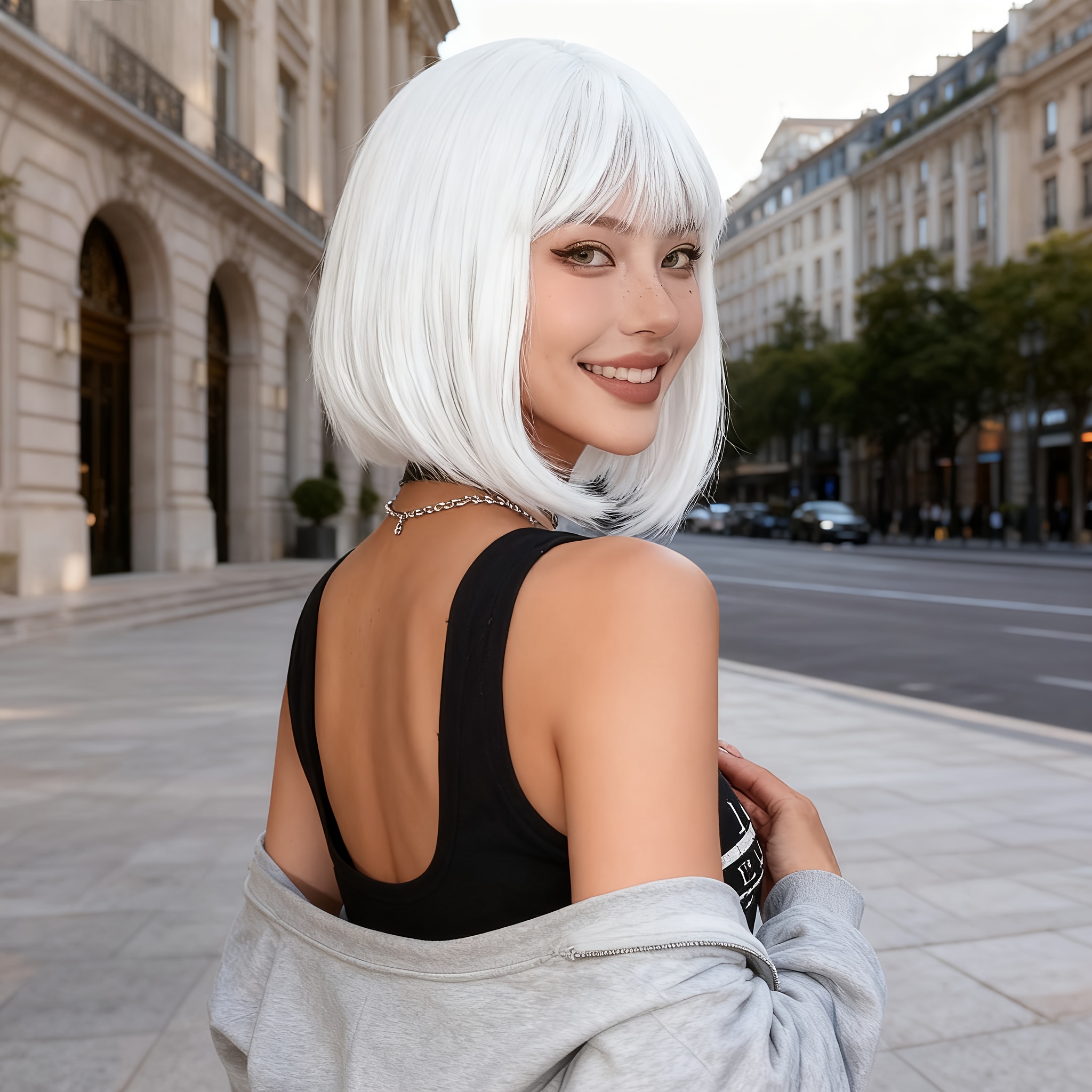 A White Short Wave Bob Wig Made of Heat-Resistant Synthetic Fibers, This Elegant And Stylish Women'S Wig Features a Look, Perfect for Halloween, Christmas, Carnivals, Parties, Cosplay, And Music Festivals. It'S an Easy-To-Manage Short Hairstyle - Image 5
