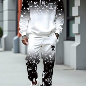 A Minimalist Black And White Color-Blocked Sweatshirt Set Featuring a K Letter Print, Stylish And Comfortable for Men, Suitable for Spring, Autumn, And Winter, Perfect for Casual Wear on Weekends