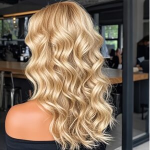 Women'S Wigs with Bangs, Curly Wavy Hair, Blonde, 28 Inches Long, Festive Look, Synthetic Hair, to Put On, Ideal for Different Occasions