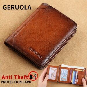 A Men'S Genuine Leather RFID Blocking Wallet - Ultra-Thin Foldable Design, Featuring 2 ID Card Slots, Large Capacity for Cash And Cards, Gold-Tone Hardware, And Anti-Theft Design.