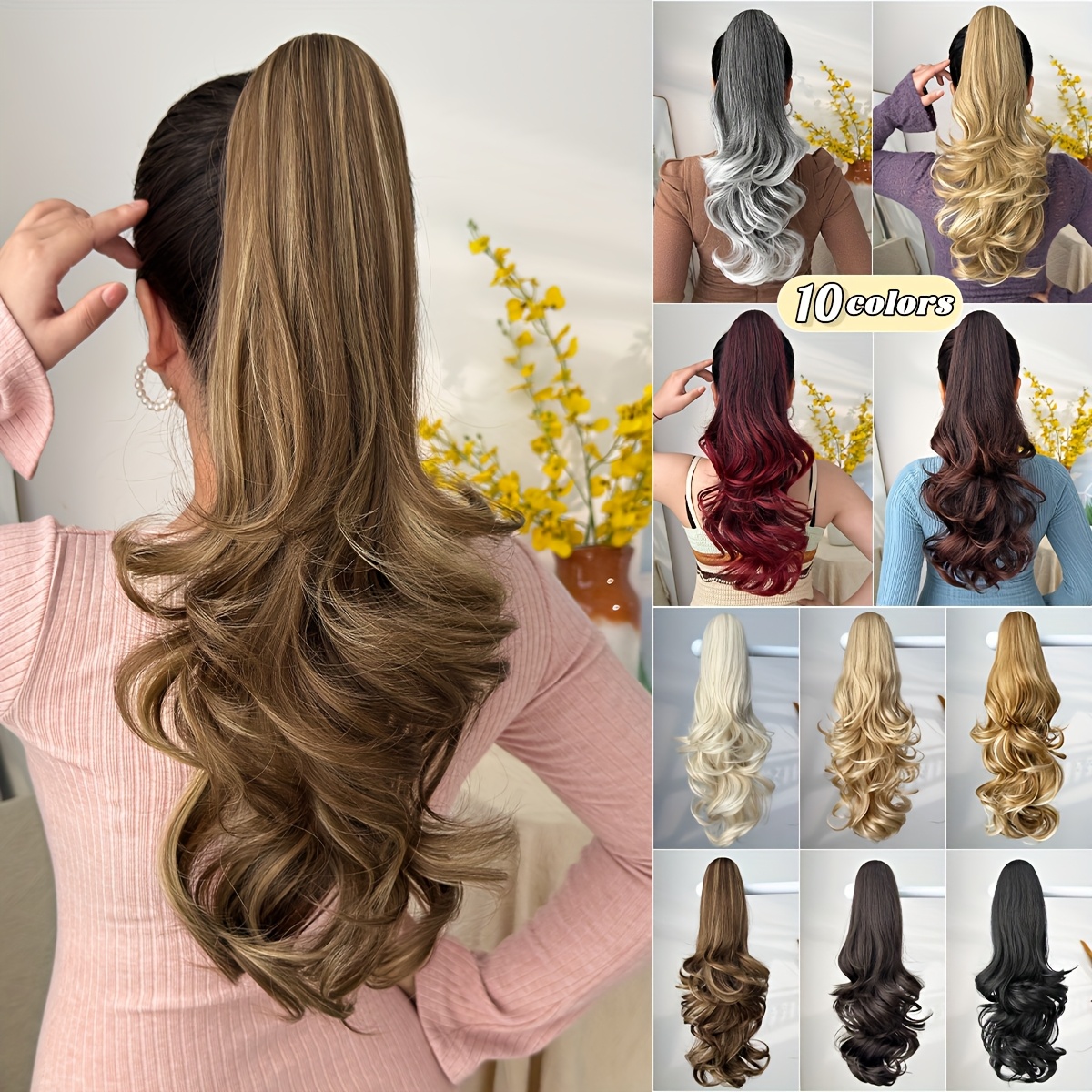 Women'S Heat-Resistant Synthetic Hair Extension Wig - 20" Long Curly Wave Ponytail with Claw-Shaped Base, Multi-Color Options (Black, Brown, Golden, Burgundy, Off White, Gray) For Christmas, Halloween, Parties & Daily Use - Easy To Style & Maintain - Image 2