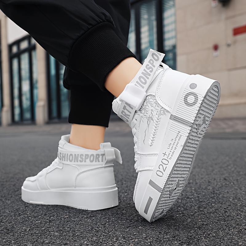 Men'S High-Top Casual Sneakers - White & Black Random Pattern, Synthetic Cover Upper, EVA Cushioned Sole, Breathable Fabric Lining, All-Season Comfort for Casual Attire, Comfortable Footwear, Modern Hightops, Durable Footwear, Sporty Design, Lightweight Construction, Urban Fashion - Image 5