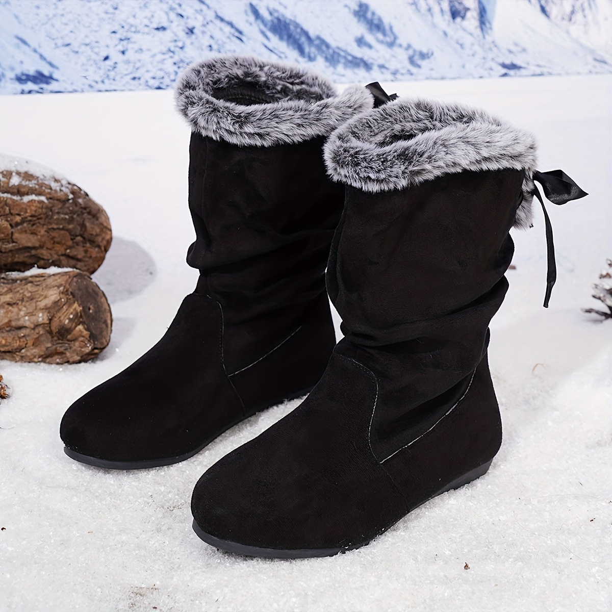 1 Pair Women'S Winter Ankle Boots with faux fur Trim & Bow Detail - Slip-Resistant Rubber Sole, Faux Cover Upper, Round Toe & Plush Lining, Low Heel Winter Boots with faux fur Collar &, Cute Winter Boots - Image 2