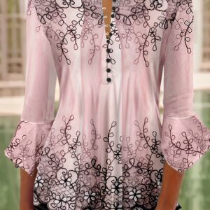 Casual Floral Print Half Sleeve Ruffle Trim Blouse - Women's Clothing
