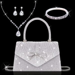 [Sequin Clutch Set] Valentine's Day Elegant Champagne Sequin Clutch with Rhinestone Bow | Matching Rhinestone Earrings, Necklace & Bracelet Set | Champagne Sequin Clutch Detailed Closure