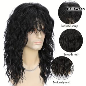 Black 1pc Men's 70s 80s Rock Punk Wig with Long Heat Resistant Curly Hair, Breathable Net Cap for Theme Parties, Music Festivals, Halloween & Cosplay (Vintage Rockstar Costume Synthetic Hair)
