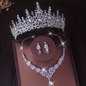High end Luxury Crown Necklace Earring Set Bride Wedding Dress Jewelry Wedding Necklace Wedding Jewelry High end Grand Dinner Banquet Birthday Crown Necklace Earring Set of Three