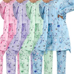 3-Piece Women's Floral and Butterfly Print Pajama Set: Long Pants, Long Sleeve Belted Robe, Casual Crew Neck, Soft 95% Polyester 5% Elastane Knit Fabric for All-Season Comfort Loungewear