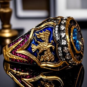 Vintage Warrior Ring with Double Eagle Design | Deep Blue Enamel and Synthetic Synthetic Gems, Copper Alloy Plating, Garnet Stones