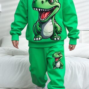 [Dinosaur Two-Piece Set] Boys' Autumn And Winter Cartoon Dinosaur Print Hoodie + Cartoon Dinosaur Print Sweatpants Two-Piece Set, Suitable For Boys' Outdoor Wear In Autumn And Winter, Gift For Kids, Perfect For Outdoor, Boy's Clothes, Dinosaur For Boy, Set For Boy, Boy Set On