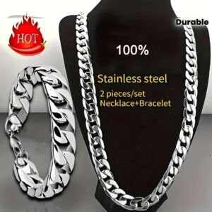 2pcs 7mm Cuban Chain for Men - Heavy-Duty Polished Male Jewelry, Matching Necklace & /-Compatible Bracelet, Durable, Holidays, Casual Attire