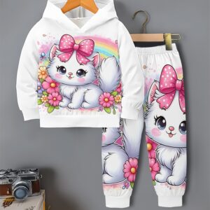 [Cute Bunny & Rainbow] Girls' Cute Bunny & Rainbow Print Hooded Sweatshirt & Pants Set | Soft Pink, Heart & Bow Accents, Long Sleeve Pullover & Joggers | Spring/Fall, Outdoor, Birthday Gifts, Daily Wear