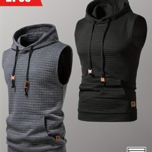 [Sleeveless Hooded Tank] 2pcs Casual Sleeveless Hooded Jacquard Tank Top - Men's Drawstring And Kangaroo Pocket for Outdoor Running Jogging Training
