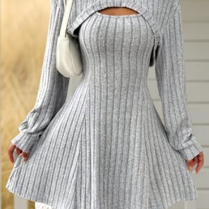 Fashionable Short Top And Dress Two-Piece Set with Ribbed Texture for Women