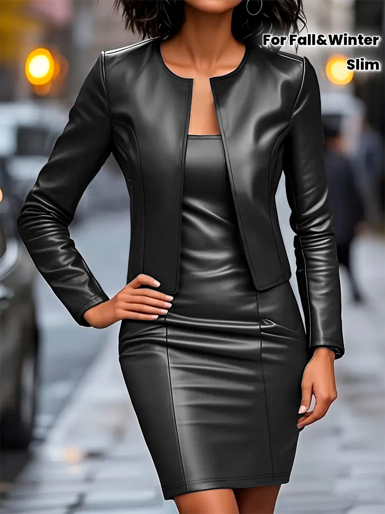 Autumn and Winter Women's Solid Color Elegant Long Sleeve Jacket, Slim Fit Dress Set with Two-Piece Outfit for Outings, Shopping, and Parties, Party Attire, Formal Wear, Stylish Outfits for Women, Matching Set, Office Attire