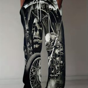 Durable Build) Retro-Inspired Men's Straight-Leg Pants - Mechanical Gear Pattern, Casual Loose Fit, 100% Polyester, Machine Washable - Trendy American Style for Teens