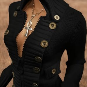 Women'S Elegant Round Neck Cardigan with Zipper & Button Details - Solid, Long Sleeve, Fall/Winter Fashion, Casual Chic Style, Perfect for Casual Attire