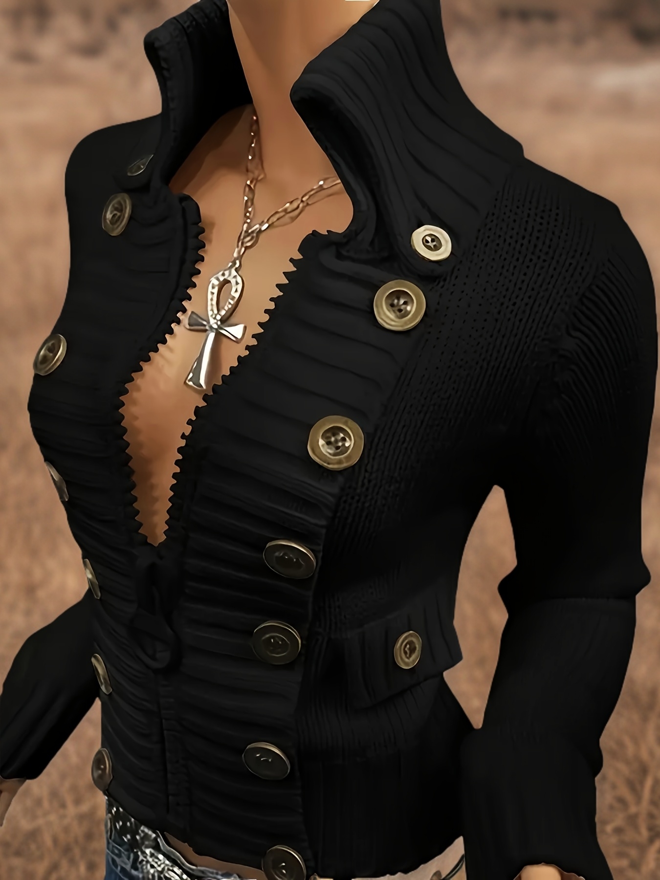 Women'S Elegant Round Neck Cardigan with Zipper & Button Details - Solid, Long Sleeve, Fall/Winter Fashion, Casual Chic Style, Perfect for Casual Attire