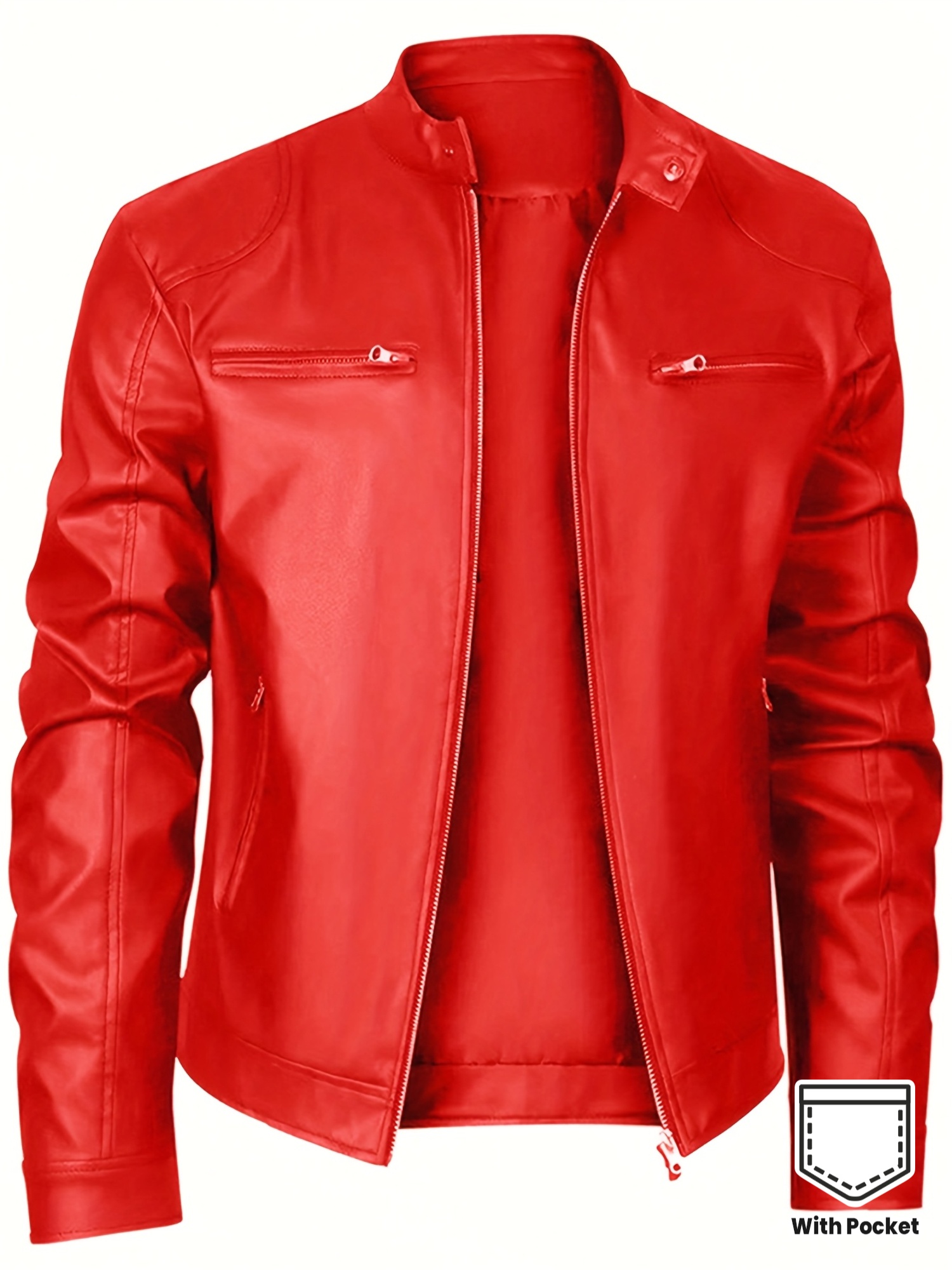 Men's Slim-Fit pu Jacket | Casual Style with Stand Collar | Zip-Up Closure & Decorative Zippered Pockets | Durable Polyester Lining | Ideal for Outdoor Activities, Casual Outerwear | Modern Jacket | Look