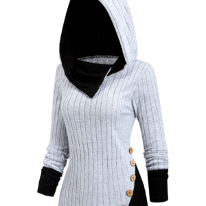 Women'S Winter Warm Hooded Sweater - Striped & Solid Color Long Sleeve Pullover with Button Front Closure, Thick Warm Fabric, Casual Elegant Outfit for Fall/Winter, Winter Clothing, Fall Fashion, Stylish Hoodie, Cozy Material, Fashion Lovers