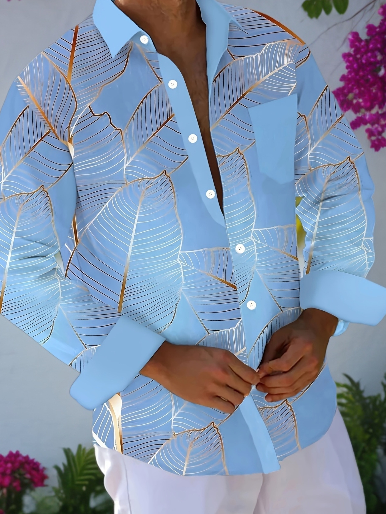 [Men's Button-Up Shirt] Hawaiian Plant Leaf Gradient Print Men's Button-Up Long…