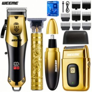 4pcs WEEME Men'S Golden Electric Hair Trimmer Set | Includes Hair Clipper, Shaver, Nose Hair Trimmer, And Fine Trimmer for Home, Car, And Travel Use | USB Charging, Rechargeable Lithium Battery