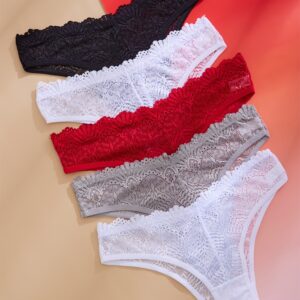 [Elegant Lace Trim Panties] 5pcs Women's Elegant Low-Rise Thong Panties | Soft Breathable Fabric, Medium Support, Lace Trim, 5 Styles (Black, White, Red, Gray, Beige) - Comfortable Underwear, Sophisticated Design, Durable for Casual Attire