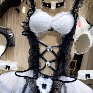 7pcs Sexy Maid Role-Play Costume Set for - Gothic/Bourgeoise Lingerie with Lace Bodice, Ruffled & Garter Belt - Cosplay Outfit, Themed Parties, Photoshoots - Delicate Fabric Texture (Hand Washable) Complete
