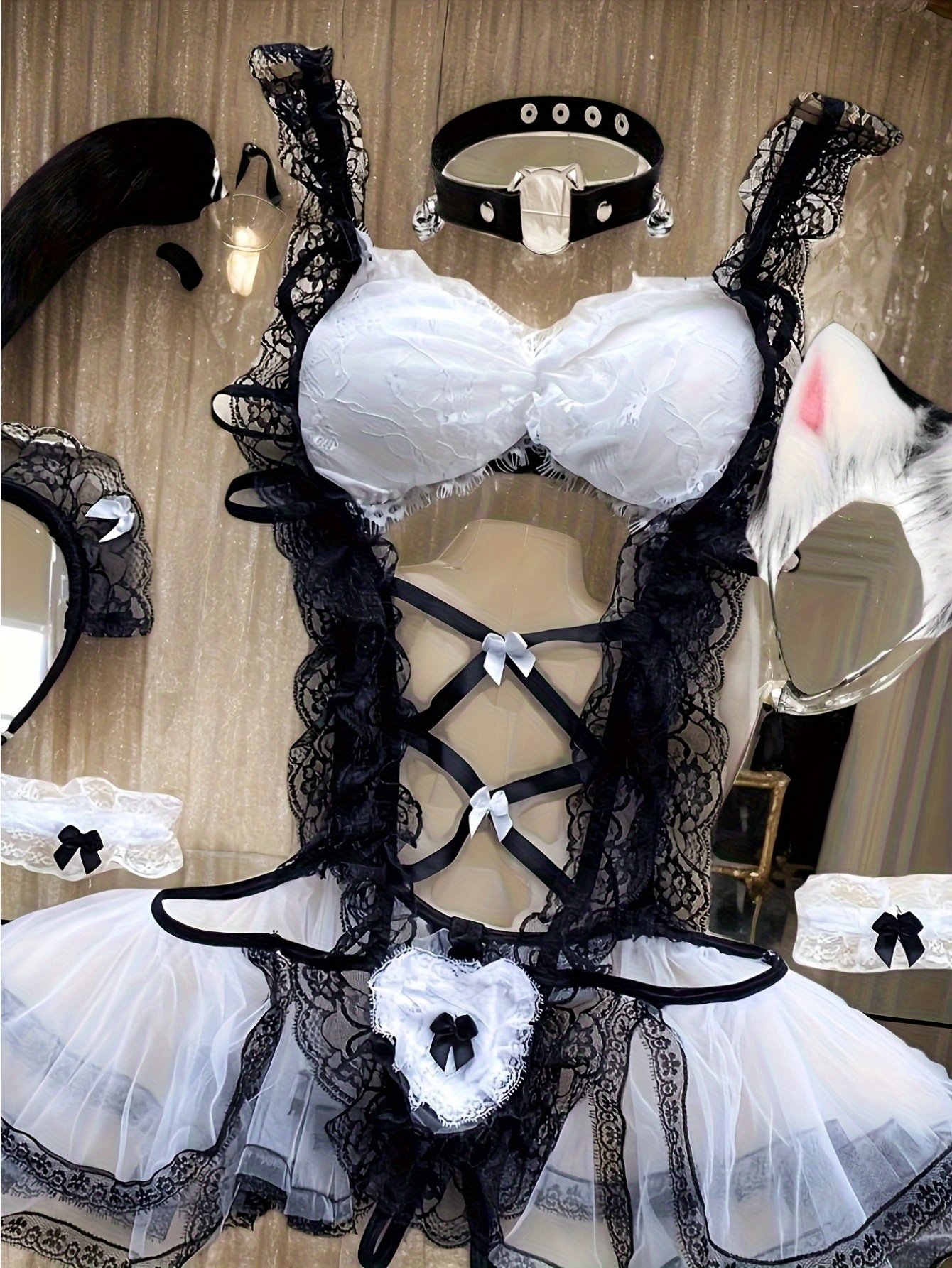7pcs Sexy Maid Role-Play Costume Set for - Gothic/Bourgeoise Lingerie with Lace Bodice, Ruffled & Garter Belt - Cosplay Outfit, Themed Parties, Photoshoots - Delicate Fabric Texture (Hand Washable) Complete