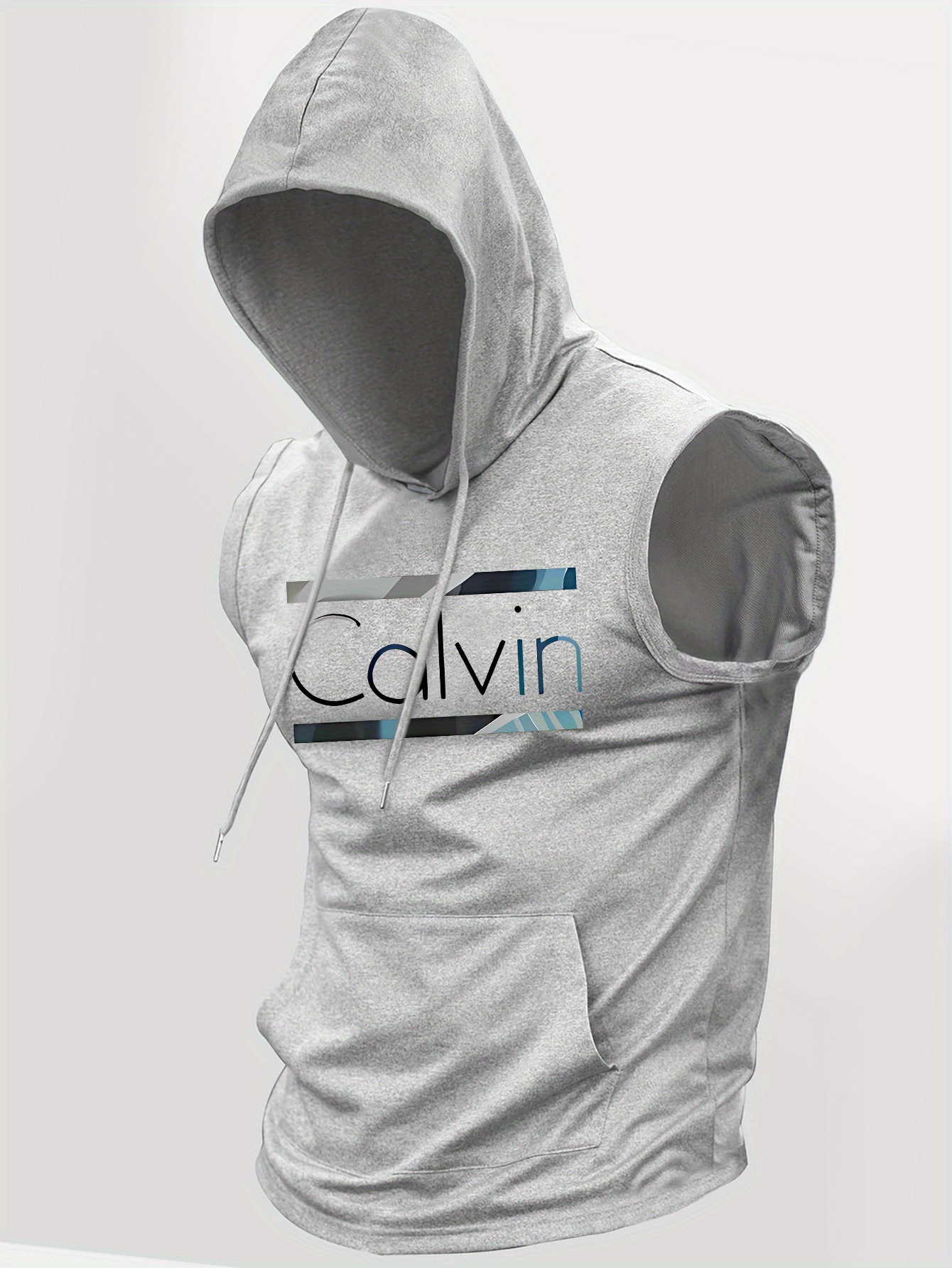 Men's Summer Casual Hooded Tank Top - Calvin Print, Kangaroo Pocket, Knit Fabric, Loose Fit, Striped Detail, Fashionable Sleeveless Shirt for Outdoor Activities - Image 3