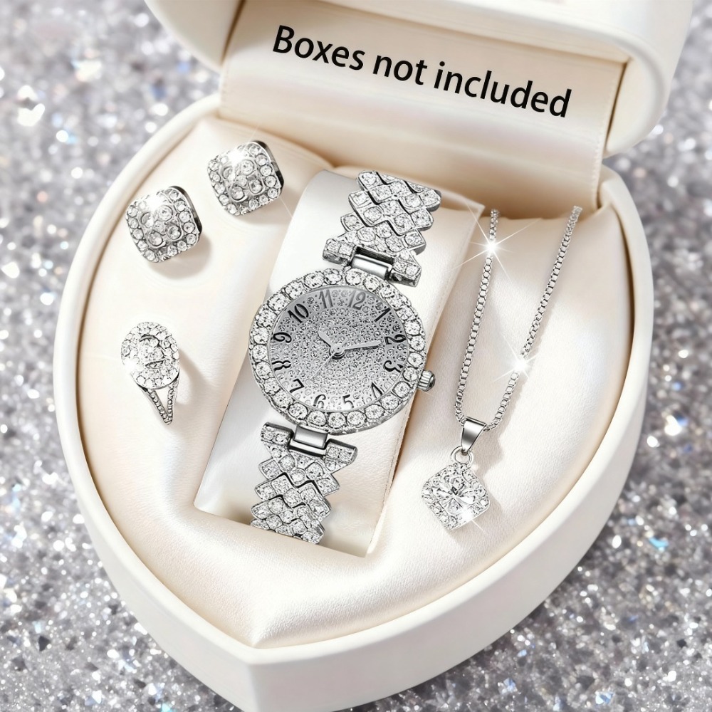 5pcs Women's Elegant Watch & Jewelry Set - Glamorous Stainless Round Analog Wristwatch with Matching Bracelet, Quartz Movement Timepiece Suitable for Wedding, Birthday, Valentine's Gift for Her - Image 6