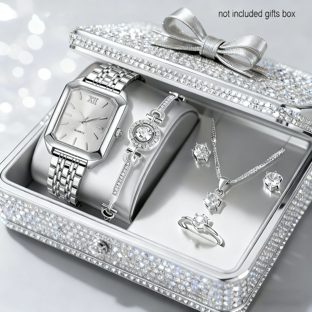 6pcs/ Set Women Watches Set & 5pcs Luxury Jewelry For Women Set, Bracelet, Necklace, Aretes Para Nina, Ring, Golden & Silvery Elegant Women Watche Set, Quartz Movement, Perfect For Valentine'S Day Christmas Birthday Gifts For Women, Reloj De Mujer. - Image 19