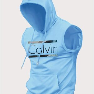 Men's Summer Casual Hooded Tank Top - Calvin Print, Kangaroo Pocket, Knit Fabric, Loose Fit, Striped Detail, Fashionable Sleeveless Shirt for Outdoor Activities