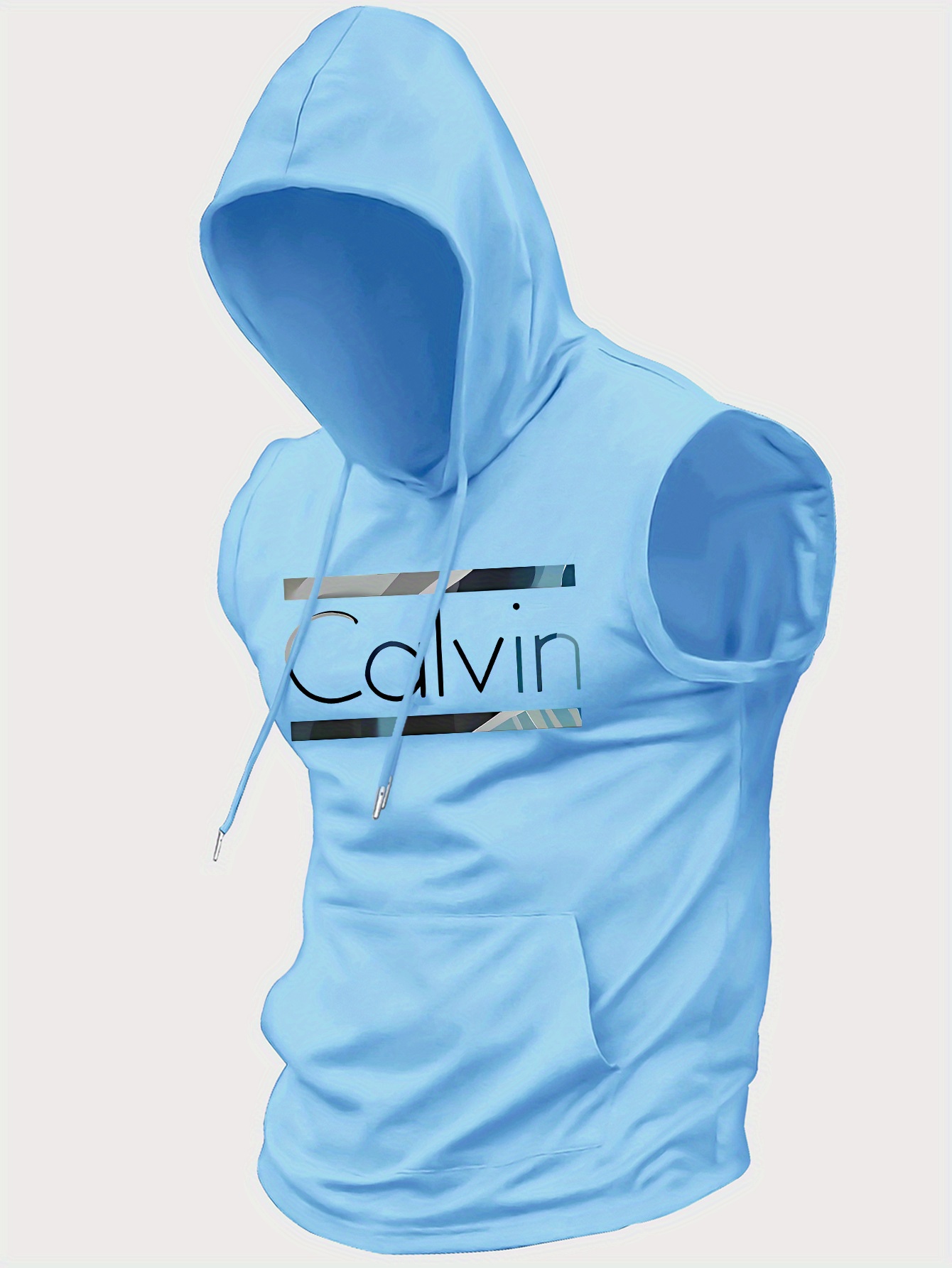 Men's Summer Casual Hooded Tank Top - Calvin Print, Kangaroo Pocket, Knit Fabric, Loose Fit, Striped Detail, Fashionable Sleeveless Shirt for Outdoor Activities