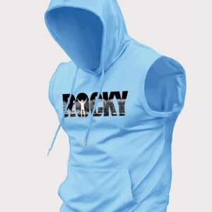 [Summer Sleeveless Hoodie] Summer Men's Casual Sleeveless Hoodie T-Shirt | Knitted Fabric, ROCKY Pattern, Kangaroo Pocket - Perfect for Outdoor Activities