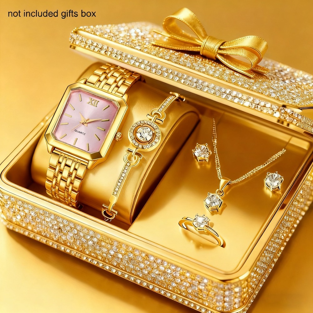6pcs/ Set Women Watches Set & 5pcs Luxury Jewelry For Women Set, Bracelet, Necklace, Aretes Para Nina, Ring, Golden & Silvery Elegant Women Watche Set, Quartz Movement, Perfect For Valentine'S Day Christmas Birthday Gifts For Women, Reloj De Mujer. - Image 2